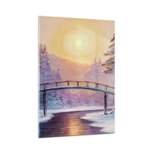 Impression sur verre - Image sur verre - Paysage d'hiver avec un pont sur une rivière au coucher du soleil - 50x70cm - Quatre saisons - hiver - Décoration murale moderne pour le salon et la chambre ARTTOR