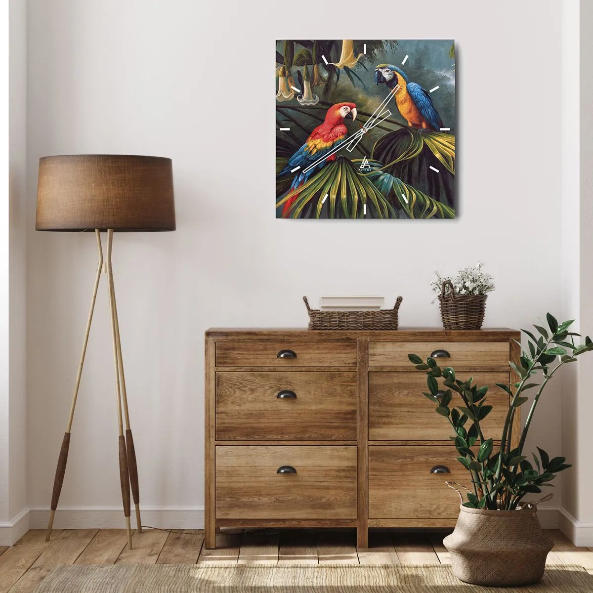 Horloge murale - Pendule murale - Perroquets dans une forêt tropicale avec des fleurs exotiques en arrière-plan - 30x30cm - Romantisme dans les tropiques - Décoration murale moderne pour le salon et la chambre ARTTOR