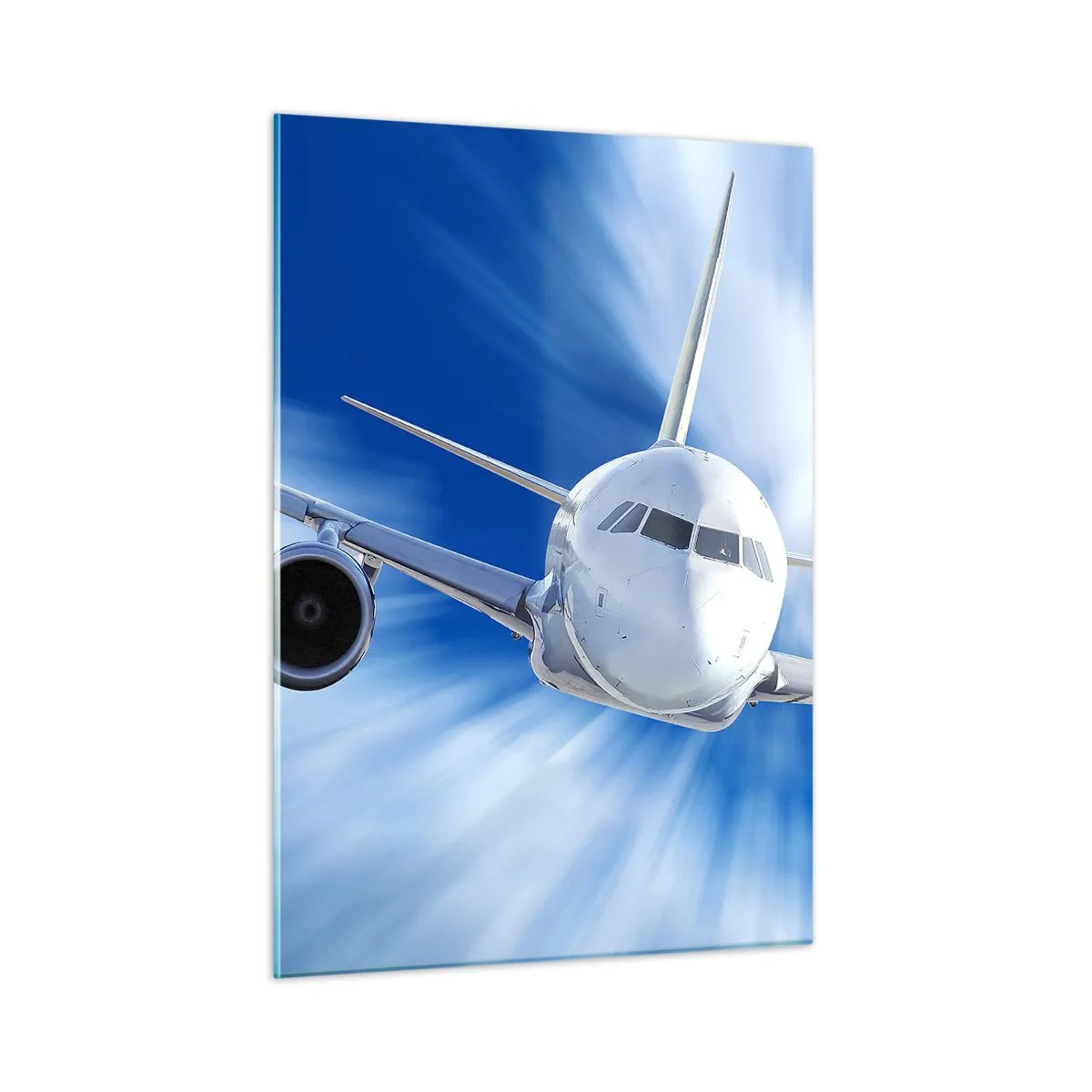 Impression sur verre - Image sur verre - Un avion de ligne contre un ciel bleu dynamique - 50x70cm - Plus vite que le vent dans le ciel - Décoration murale moderne pour le salon et la chambre ARTTOR