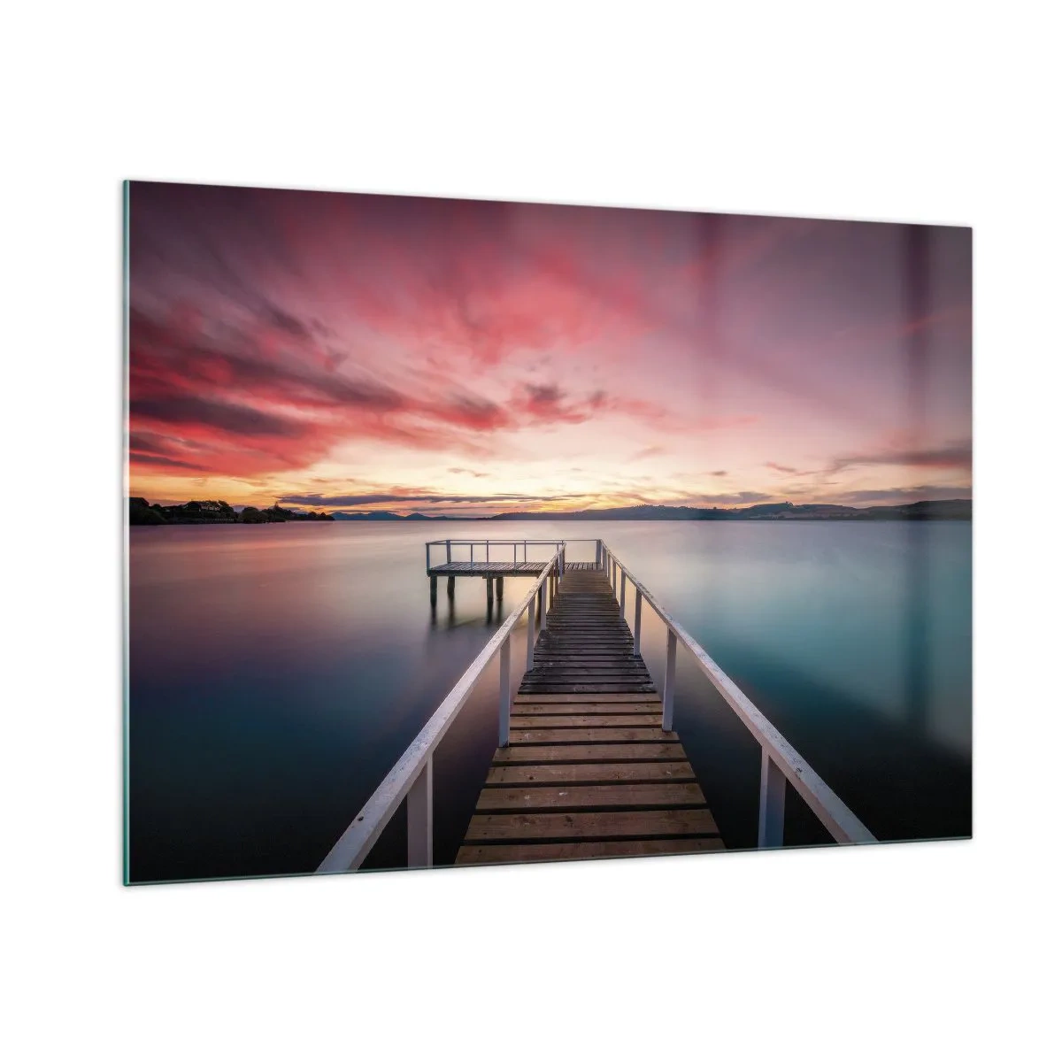 Impression sur verre - Image sur verre - Jetée au bord du lac au coucher du soleil avec un ciel rose - 100x70cm - La douce flamme du soir - Décoration murale moderne pour le salon et la chambre ARTTOR