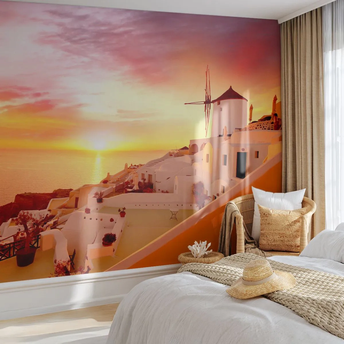 Papier Peint Autocollant Deluxe Sticker - Fondre en blanc et or - Paysage, Santorin, Grèce - 250x175 cm
