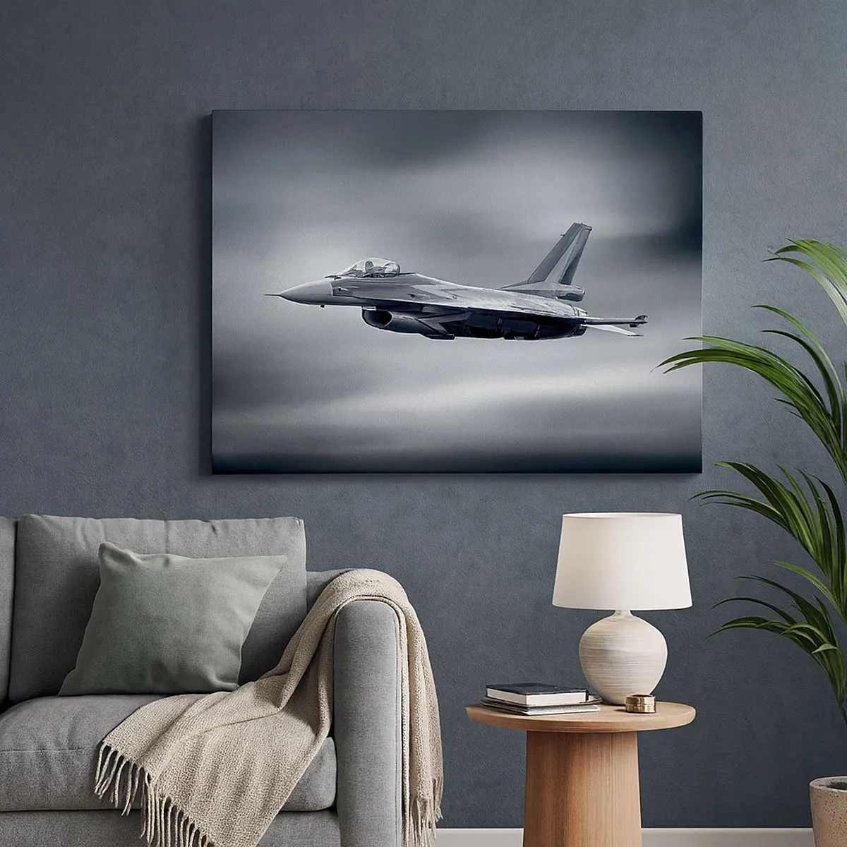 Impression sur toile - Image sur toile - Un avion de chasse en vol contre un ciel nuageux - 70x50cm - Acceptez-vous le défi? - Décoration murale moderne pour le salon et la chambre ARTTOR