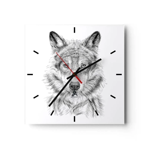 Horloge murale - Pendule murale - Croquis d'une tête de loup dans un style monochrome sur fond blanc - 30x30cm - Un leader né - Décoration murale moderne pour le salon et la chambre ARTTOR