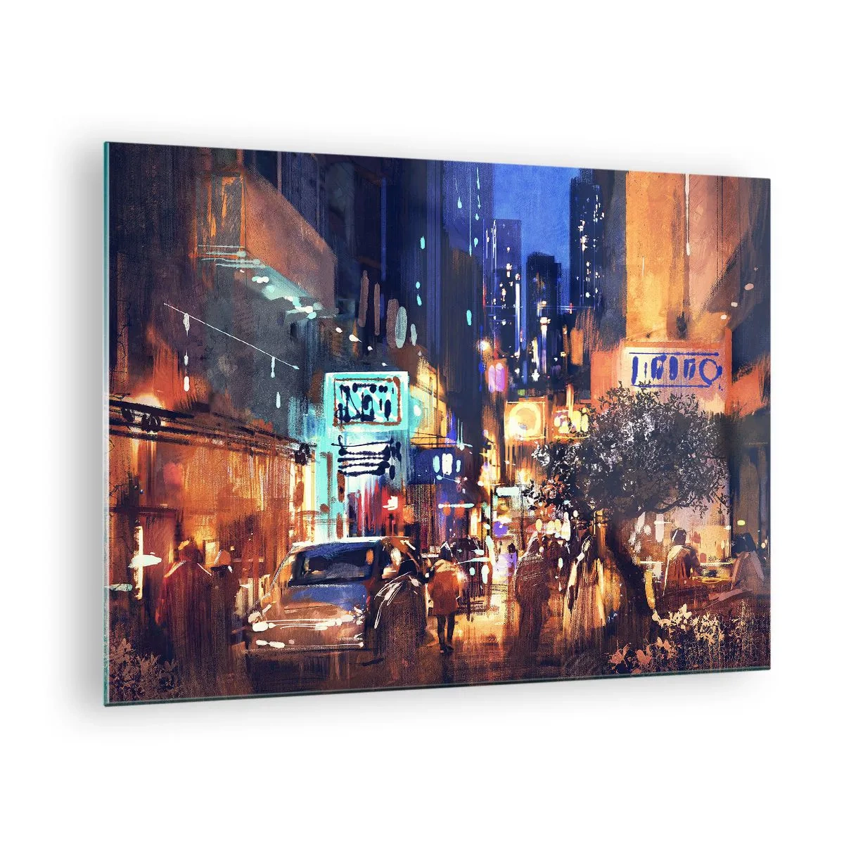 Impression sur verre - Image sur verre - Scène de ville nocturne pittoresque avec néons et circulation routière - 70x50cm - Et la ville ne dort pas - Décoration murale moderne pour le salon et la chambre ARTTOR