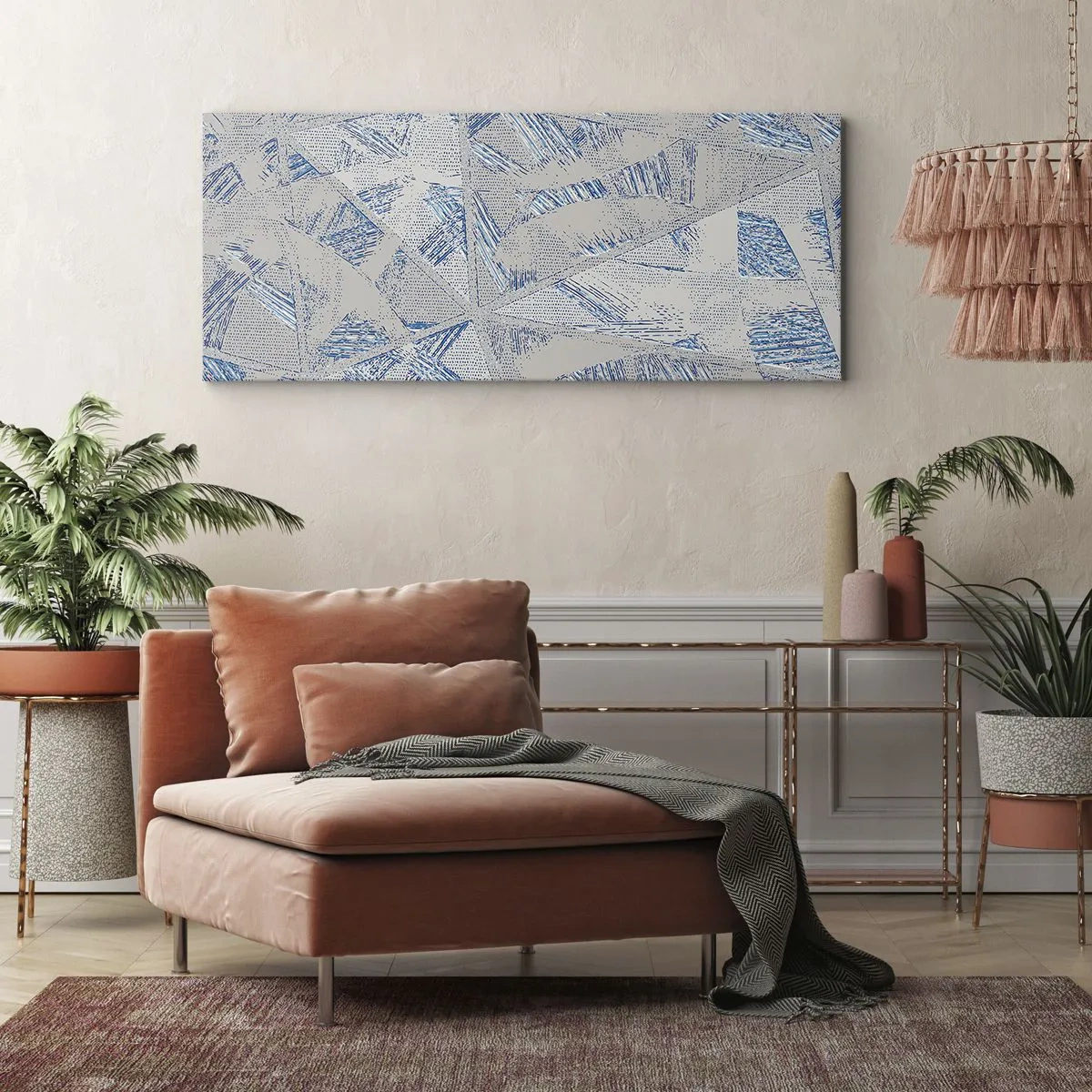 Impression sur toile - Image sur toile - Motifs géométriques dans les tons de bleu et de gris - 160x50cm - Dans un labyrinthe bleu-gris - Décoration murale moderne pour le salon et la chambre ARTTOR
