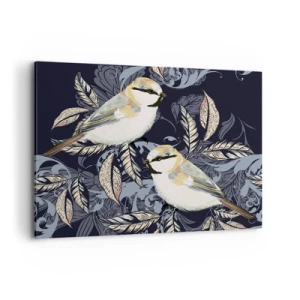 Impression sur toile - Image sur toile - Oiseaux sur des branches dans un arrière-plan ornemental - 100x70cm - Babillement jaune et bleu - Décoration murale moderne pour le salon et la chambre ARTTOR