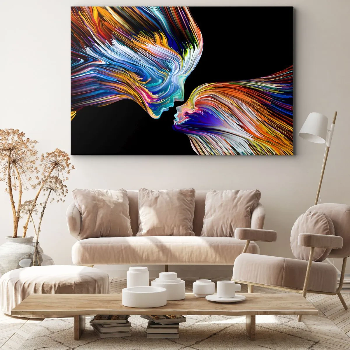 Impression sur toile - Image sur toile - Silhouettes colorées de visages dans des flux dynamiques sur fond noir - 70x50cm - Une fusion d'énergie et de lumière - Décoration murale moderne pour le salon et la chambre ARTTOR