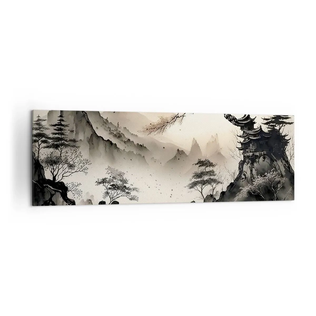 Impression sur toile - Image sur toile - Un paysage oriental avec des montagnes et une pagode aux nuances délicates. - 160x50cm - Le charme unique de l'Orient - Décoration murale moderne pour le salon et la chambre ARTTOR
