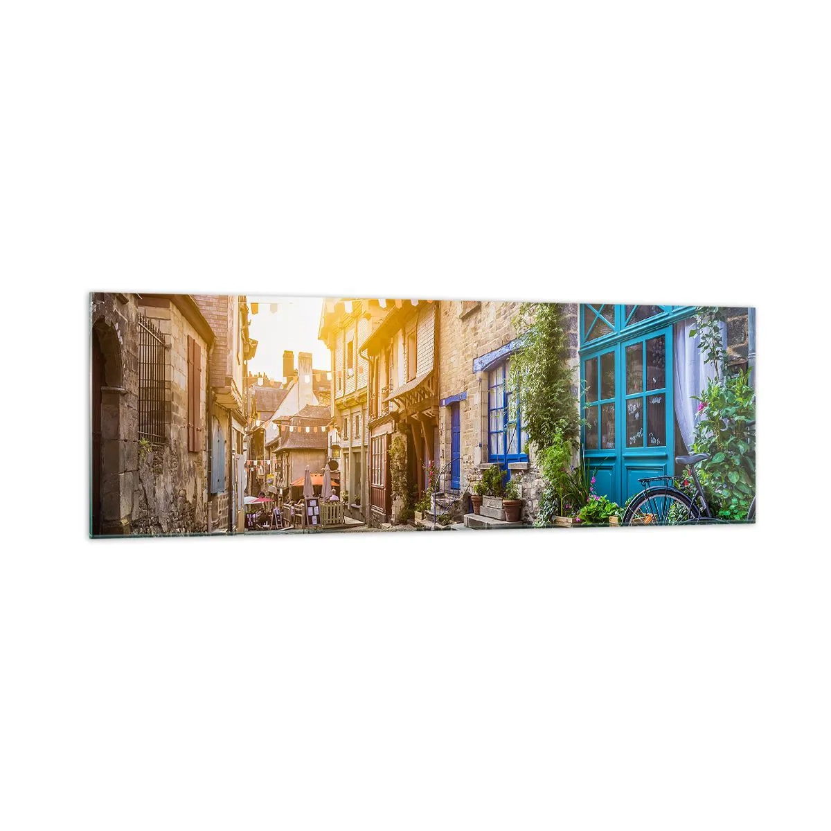 Impression sur verre - Image sur verre - Une charmante rue pavée au soleil - 160x50cm - Aux confins du monde - Décoration murale moderne pour le salon et la chambre ARTTOR