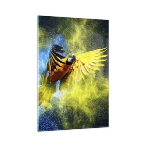 Impression sur verre - Image sur verre - Un perroquet en vol sur fond d'explosions colorées de jaune et de bleu. - 80x120cm - Dans la poussière bleue et dorée - Décoration murale moderne pour le salon et la chambre ARTTOR
