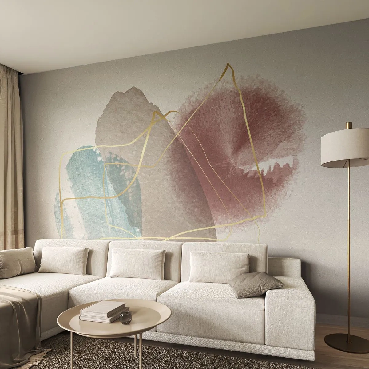 Papier Peint Photo Premium Canvas - Formes abstraites aux couleurs délicates et aux lignes dorées - 100x70cm - Coraux de l'espace - Décoration murale moderne pour le salon et la chambre ARTTOR