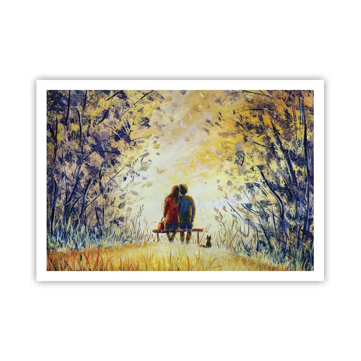 Affiche - Poster - Un couple assis sur un banc parmi les arbres d'automne au soleil - 100x70cm - Moment magique - Décoration murale moderne pour le salon et la chambre ARTTOR