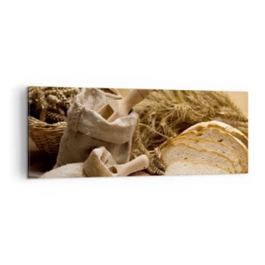 Impression sur toile - Image sur toile - Un paysage avec du pain, de la farine et des épis de blé dans un style rustique. - 140x50cm - Comment il coupe avec un couteau - Décoration murale moderne pour le salon et la chambre ARTTOR