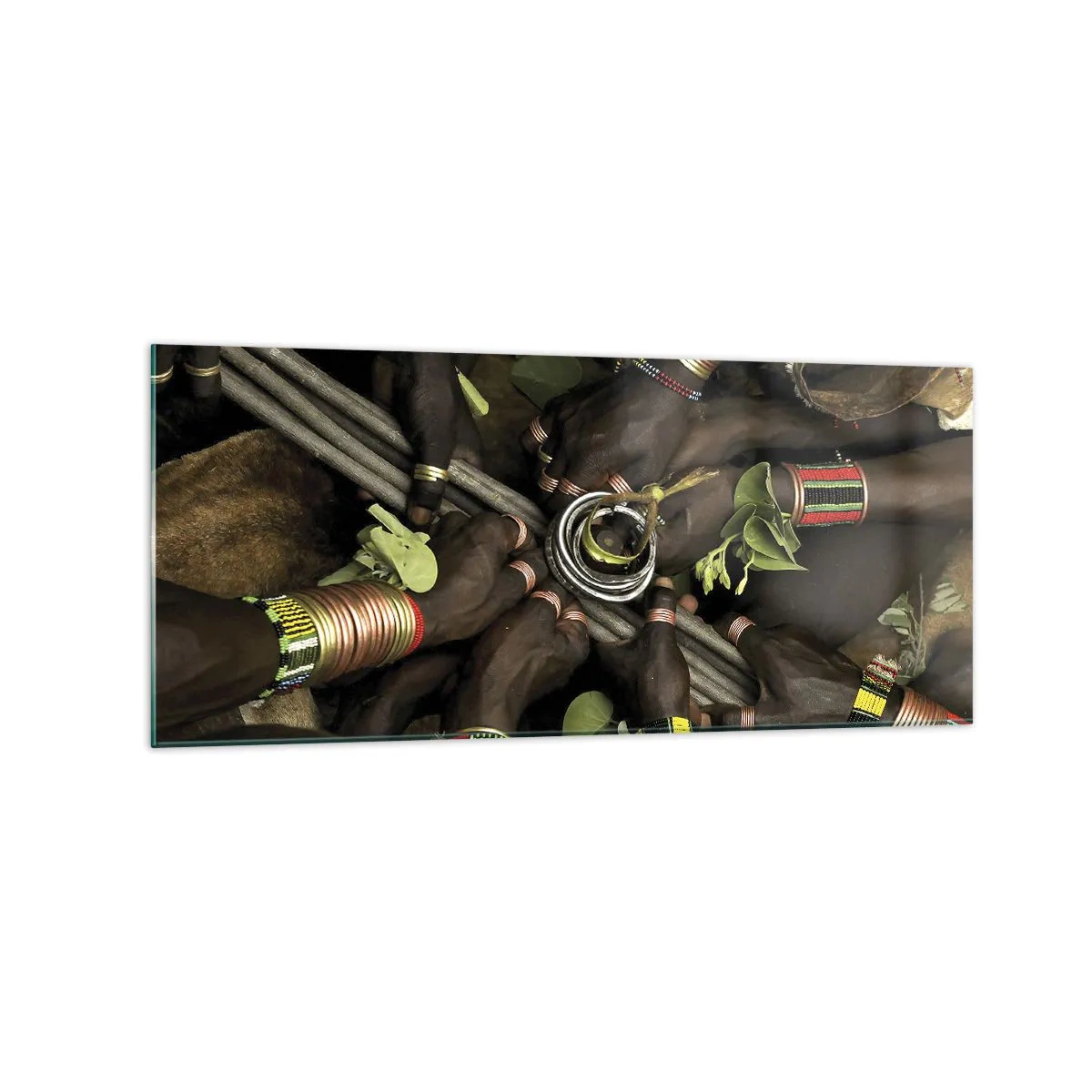 Impression sur verre - Image sur verre - Bracelets de main traditionnels dans un groupe de mains - 120x50cm - Nous sommes ensemble - Décoration murale moderne pour le salon et la chambre ARTTOR