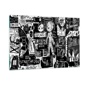 Impression sur verre - Image sur verre - Graphiques de style street art en noir et blanc avec personnages et symboles - 120x80cm - Jeunesse spirituelle de loi et de joie - Décoration murale moderne pour le salon et la chambre ARTTOR