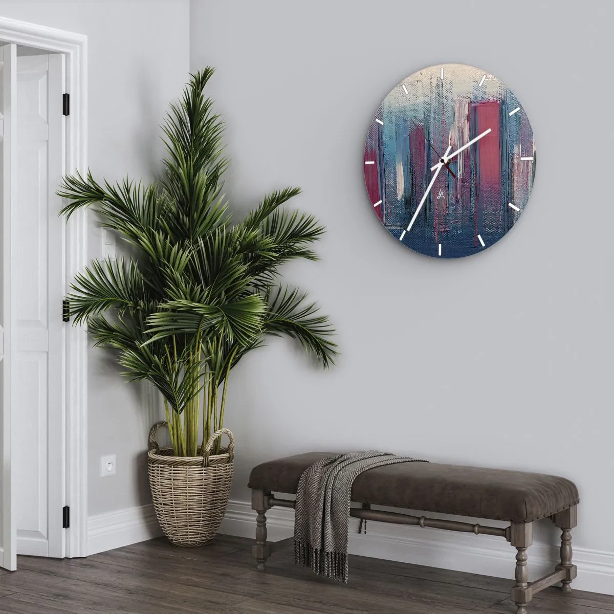 Horloge murale - Pendule murale - Composition verticale en bleu et rouge - 40x40 cm