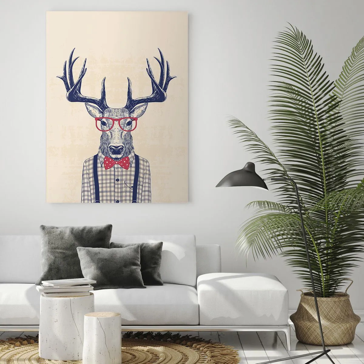 Impression sur verre - Image sur verre - Graphique stylisé d'un cerf portant des lunettes et un nœud papillon - 70x100cm - Une extravagance amusante - Décoration murale moderne pour le salon et la chambre ARTTOR