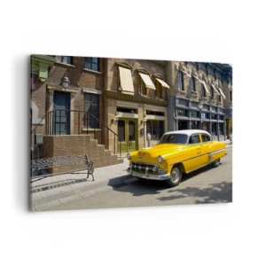 Impression sur toile - Image sur toile - Un taxi jaune dans une rue bordée d'immeubles - 100x70cm - Il y a longtemps en Amérique - Décoration murale moderne pour le salon et la chambre ARTTOR
