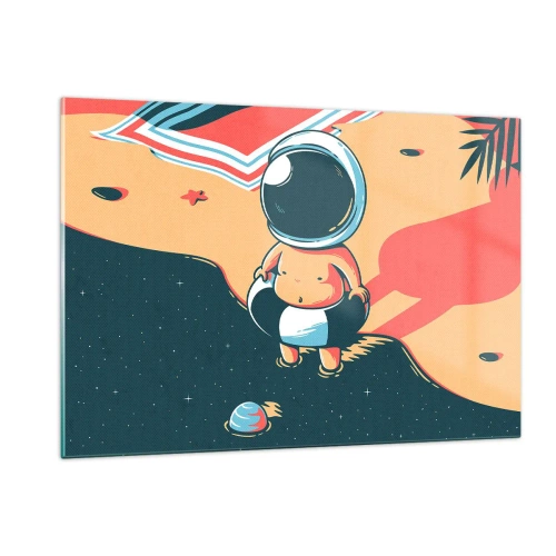 Impression sur verre - Image sur verre - Figure d'astronaute sur une plage avec un paysage cosmique - 120x80cm - Suivant une autre perspective - Décoration murale moderne pour le salon et la chambre ARTTOR