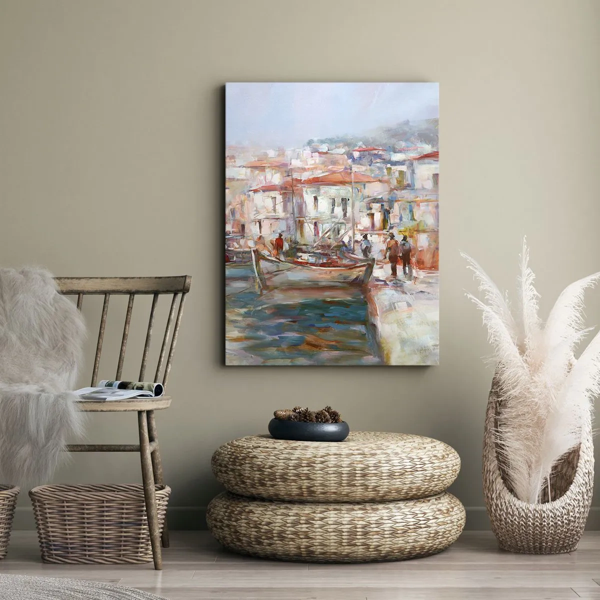 Impression sur toile - Image sur toile - Impression de port avec bateaux et bâtiments - 70x100cm - Vacances pastelles - Décoration murale moderne pour le salon et la chambre ARTTOR