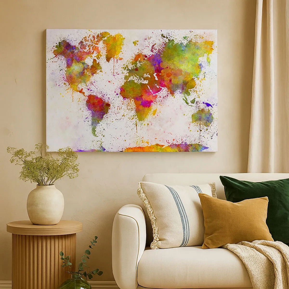 Impression sur toile - Image sur toile - Une carte du monde colorée dans un style abstrait - 70x50cm - D'une certaine manière ça s'est passé de la même façon - Décoration murale moderne pour le salon et la chambre ARTTOR