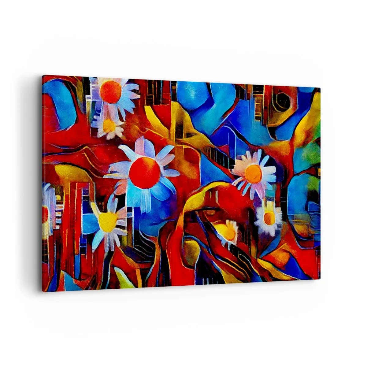 Impression sur toile - Image sur toile - Fleurs abstraites sur fond de motifs géométriques - 100x70cm - Les couleurs de la vie - Décoration murale moderne pour le salon et la chambre ARTTOR