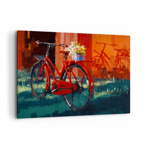 Impression sur toile - Image sur toile - Un vélo rouge avec des fleurs contre un mur orange - 100x70cm - I want to ride my bicycle - Décoration murale moderne pour le salon et la chambre ARTTOR