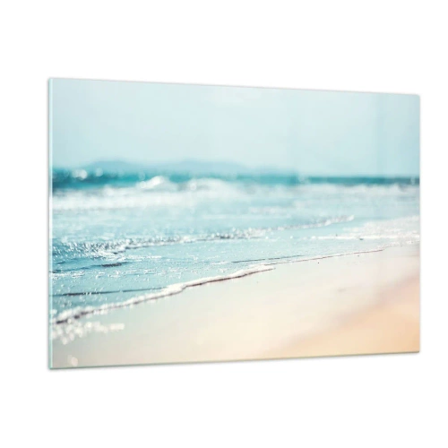 Impression sur verre - Image sur verre - Douces vagues de l'océan léchant la plage de sable - 120x80cm - Chaleur et bruissement - Décoration murale moderne pour le salon et la chambre ARTTOR