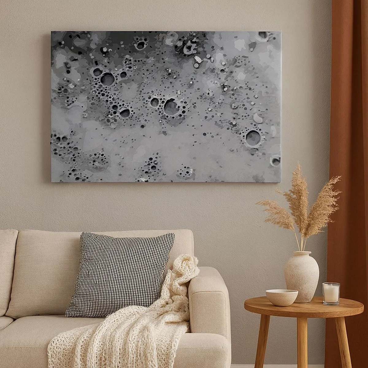 Impression sur toile - Image sur toile - Motif de bulles abstrait noir et blanc - 70x50cm - Comme un paysage lunaire - Décoration murale moderne pour le salon et la chambre ARTTOR