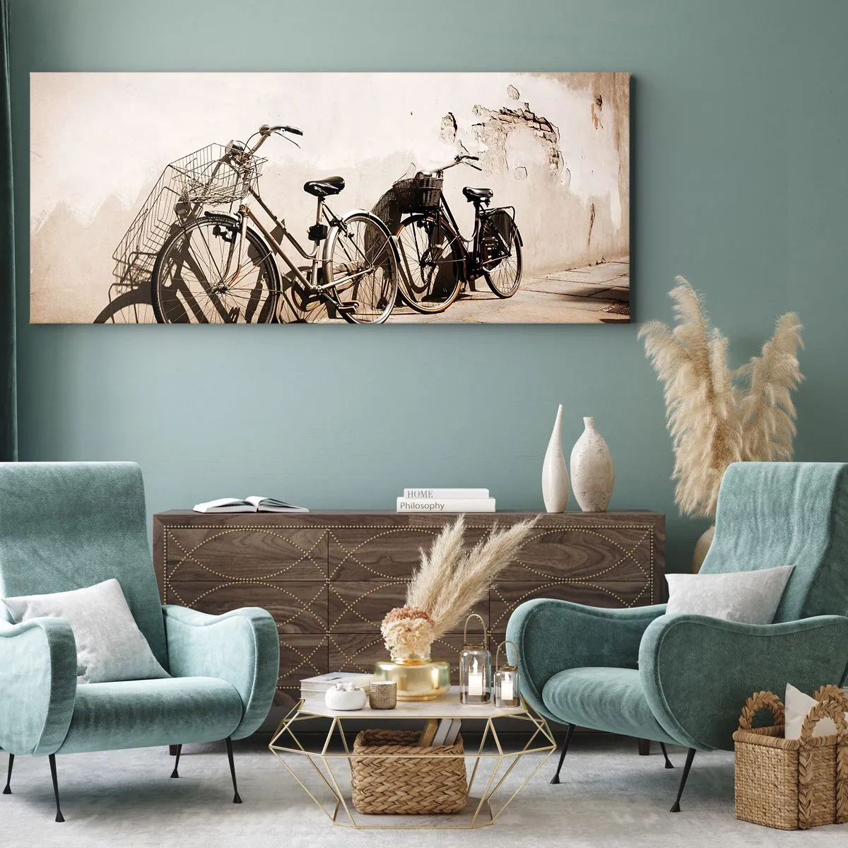 Impression sur toile - Image sur toile - Deux vélos appuyés contre un vieux mur de style rétro - 160x50cm - Le charme inoubliable du passé - Décoration murale moderne pour le salon et la chambre ARTTOR