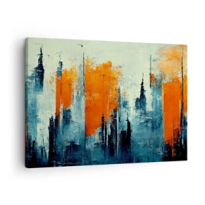 Impression sur toile - Image sur toile - Paysage urbain abstrait dans des tons orange et bleu - 70x50cm - Paysage moderne - Décoration murale moderne pour le salon et la chambre ARTTOR