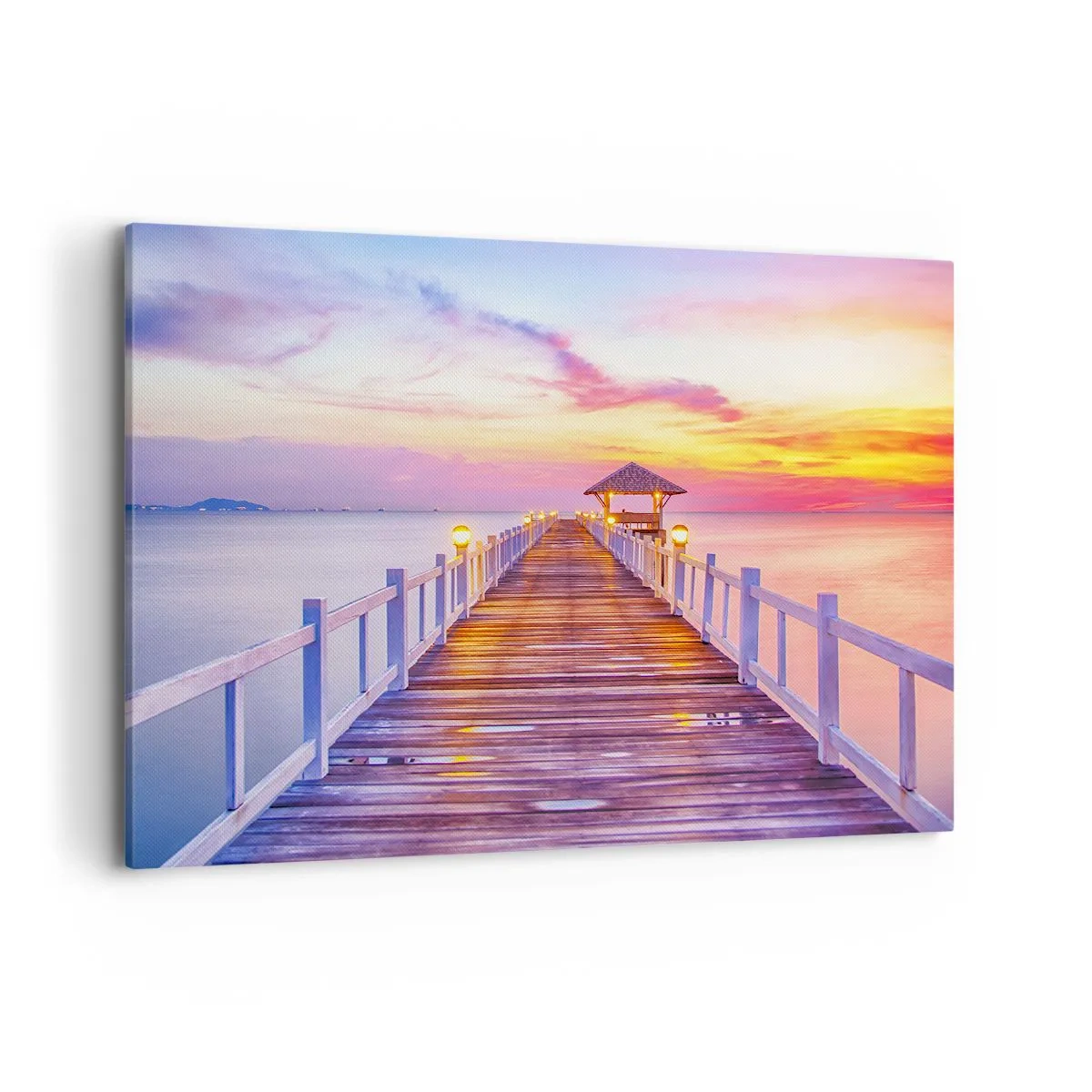 Impression sur toile - Image sur toile - Une jetée sur l'eau au coucher du soleil aux couleurs pastel - 120x80cm - Le silence lilas-doré du soir - Décoration murale moderne pour le salon et la chambre ARTTOR