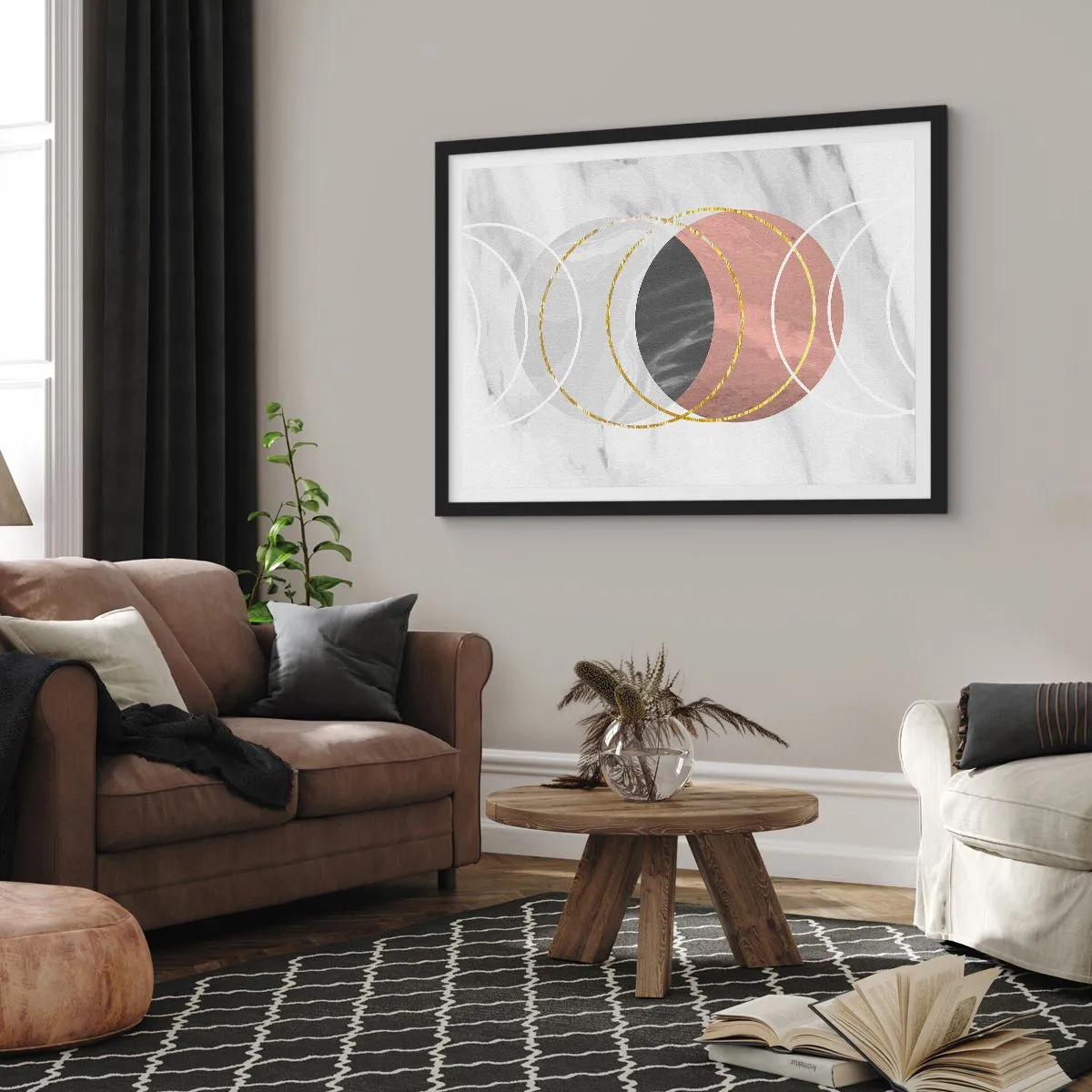 Affiche dans un cadre noir - Poster - Composition géométrique abstraite avec des cercles et des détails métalliques - 100x70cm - Musique des sphères - Décoration murale moderne pour le salon et la chambre ARTTOR