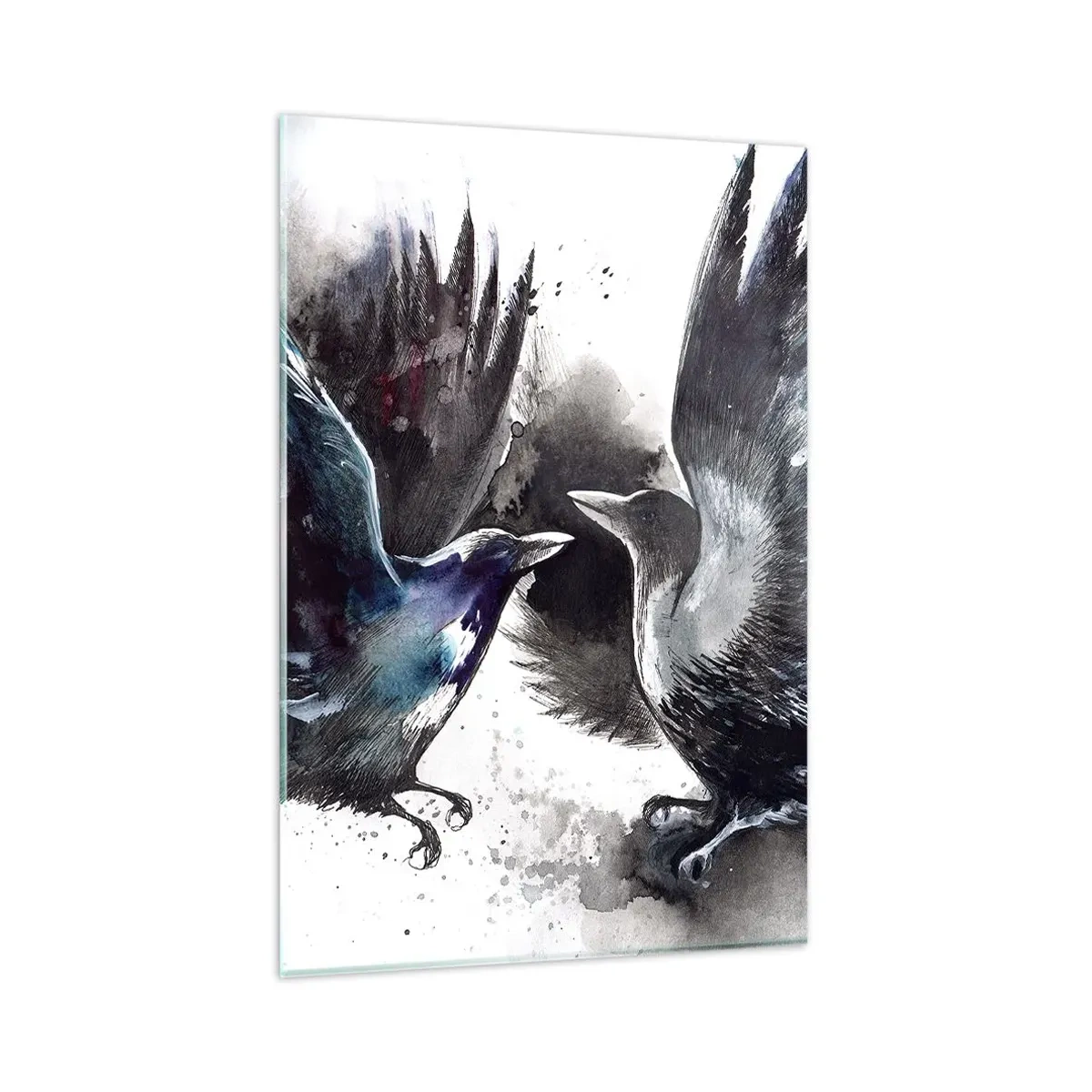 Impression sur verre - Image sur verre - Corbeaux artistiques dans une composition aquarelle dynamique - 80x120cm - Le corbeau des corbeaux - Décoration murale moderne pour le salon et la chambre ARTTOR