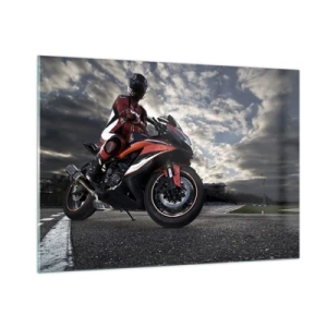 Impression sur verre - Image sur verre - Un motocycliste sur une piste de course sous un ciel orageux - 100x70cm - Cavalier noir - Décoration murale moderne pour le salon et la chambre ARTTOR