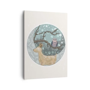 Impression sur toile - Image sur toile - Un cerf et un hibou dans un paysage nocturne de conte de fées - 50x70cm - Une nuit de conte de fées en forêt  - Décoration murale moderne pour le salon et la chambre ARTTOR
