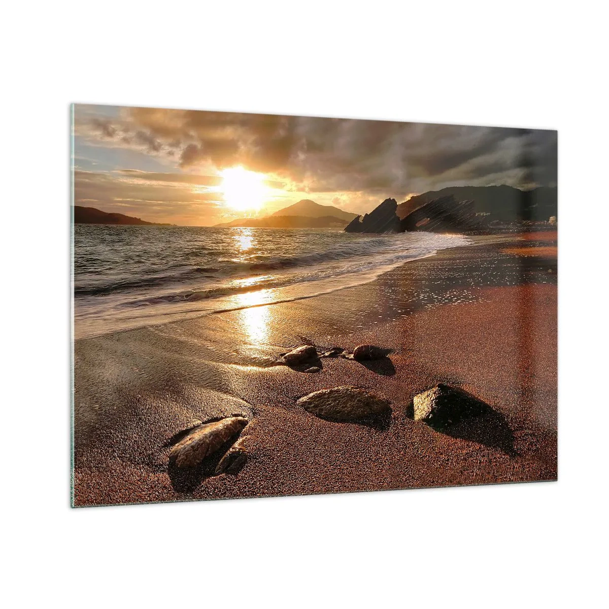 Impression sur verre - Image sur verre - Coucher de soleil sur une plage rocheuse et des collines - 100x70cm - Suivez le soleil sur les collines - Décoration murale moderne pour le salon et la chambre ARTTOR