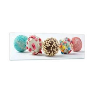 Impression sur verre - Image sur verre - Pralines colorées avec décorations sur fond blanc - 160x50cm - La vie peut être douce - Décoration murale moderne pour le salon et la chambre ARTTOR
