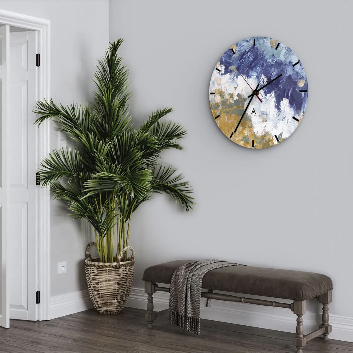 Horloge murale - Pendule murale - Abstraction expressive dans les tons de bleu, blanc et ocre - 30x30cm - Danse des éléments - Décoration murale moderne pour le salon, la cuisine et la chambre ARTTOR