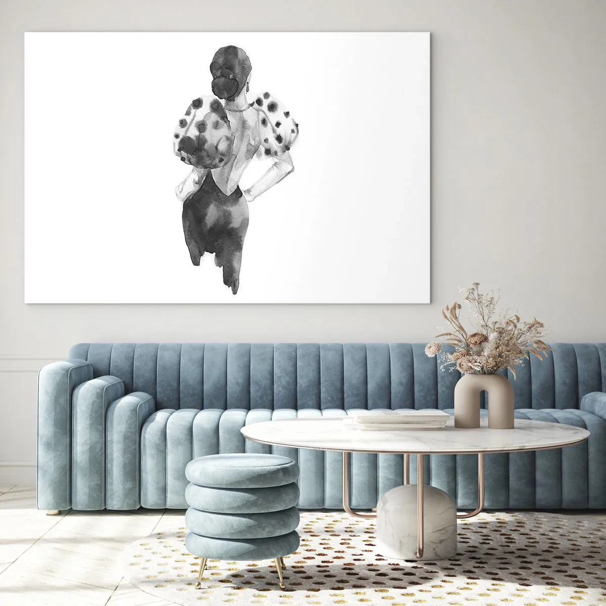 Impression sur verre - Image sur verre - Silhouette noire et blanche d'une femme dans une tenue élégante - 120x80cm - Elle est passée juste à côté - Décoration murale moderne pour le salon et la chambre ARTTOR