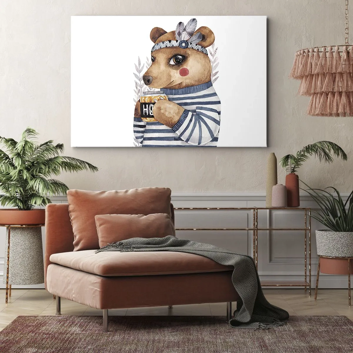 Impression sur toile - Image sur toile - Un ours en peluche dans un pull rayé avec une tasse de miel - 100x70cm - Un nounours trop mignon - Décoration murale moderne pour le salon et la chambre ARTTOR