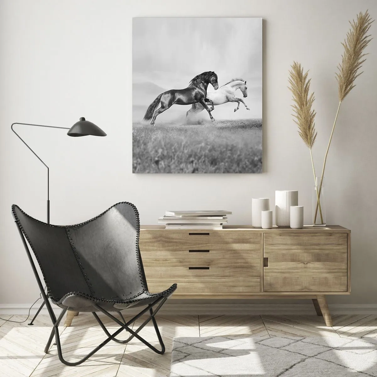 Impression sur verre - Image sur verre - Chevaux noirs et blancs dans un cadre dynamique - 50x70cm - Anges et démons - Décoration murale moderne pour le salon et la chambre ARTTOR