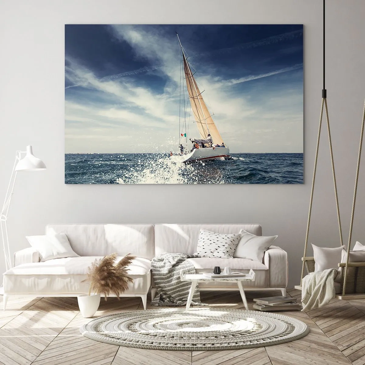 Impression sur verre - Image sur verre - Un yacht naviguant sur une mer agitée sous un ciel bleu - 120x80cm - Ils ne nous rattraperont pas ! - Décoration murale moderne pour le salon et la chambre ARTTOR