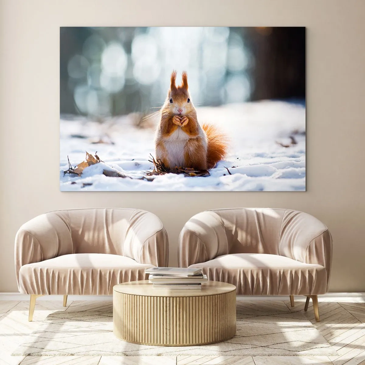 Impression sur verre - Image sur verre - Écureuil dans la neige avec une noix dans la forêt d'hiver - 120x80cm - Qu'est ce que tu regardes comme ça? - Décoration murale moderne pour le salon et la chambre ARTTOR