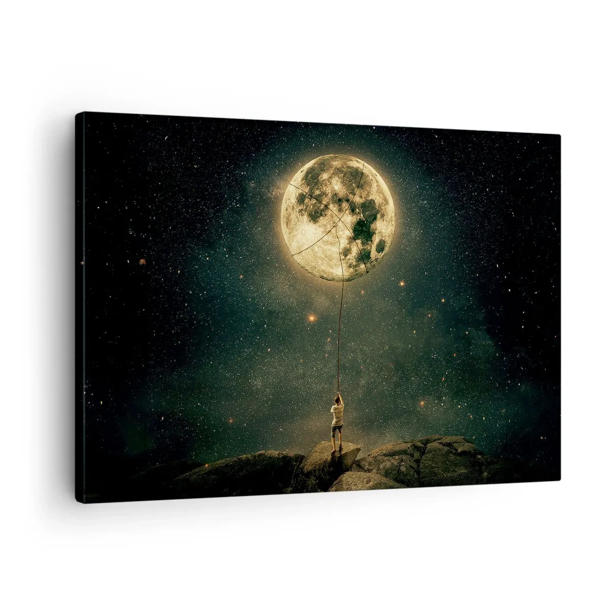 Impression sur toile - Image sur toile - L'homme avec la lune contre le ciel étoilé - 70x50cm - Celui qui a volé la lune - Décoration murale moderne pour le salon et la chambre ARTTOR