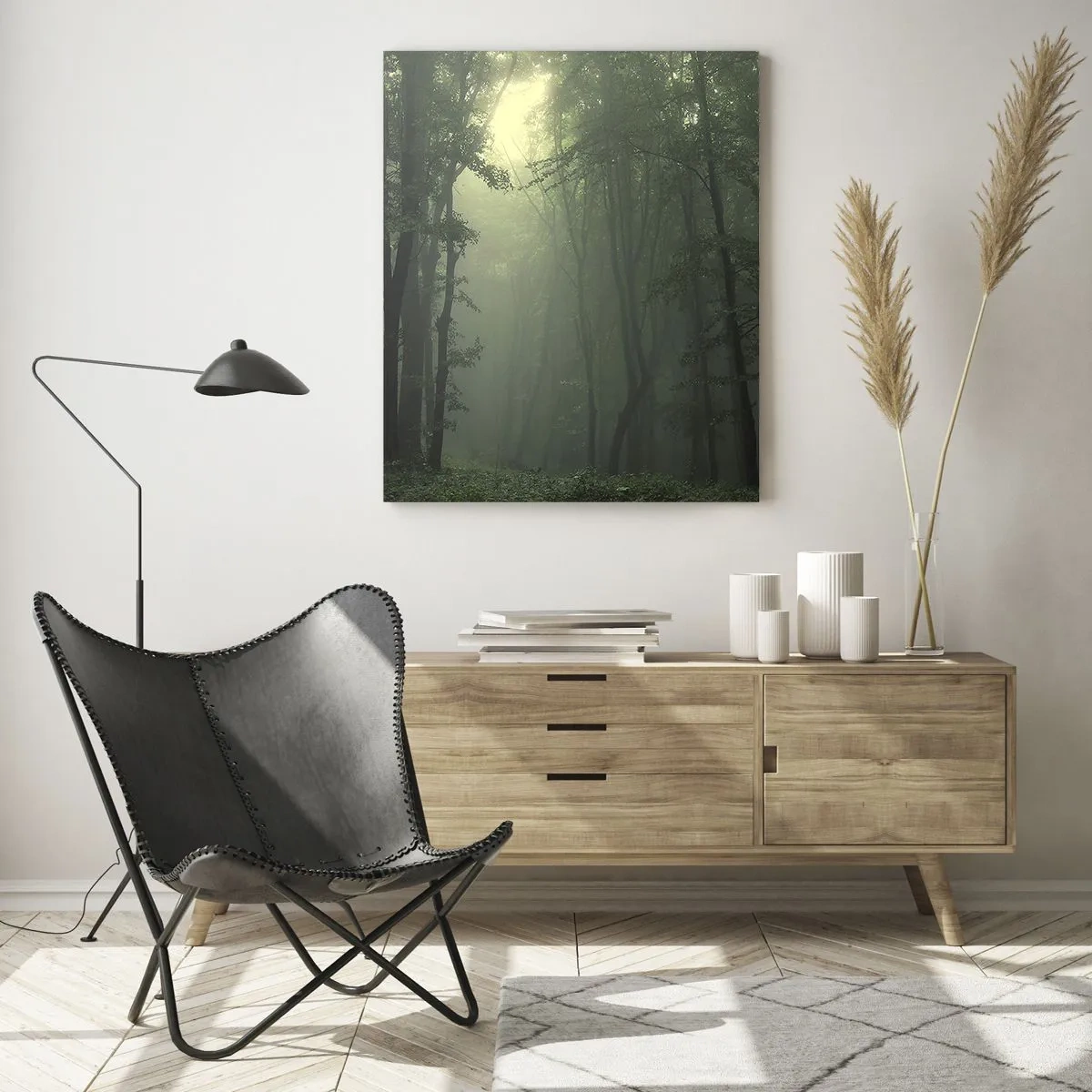 Impression sur verre - Image sur verre - Une forêt verte le matin enveloppée d'un brouillard délicat - 80x120cm - Avant qu'il ne se réveille - Décoration murale moderne pour le salon et la chambre ARTTOR
