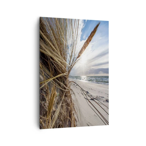 Impression sur toile - Image sur toile - Une plage avec de l'herbe sèche sur les dunes et une vue sur la mer - 70x100cm - Rencontre des éléments - Décoration murale moderne pour le salon et la chambre ARTTOR