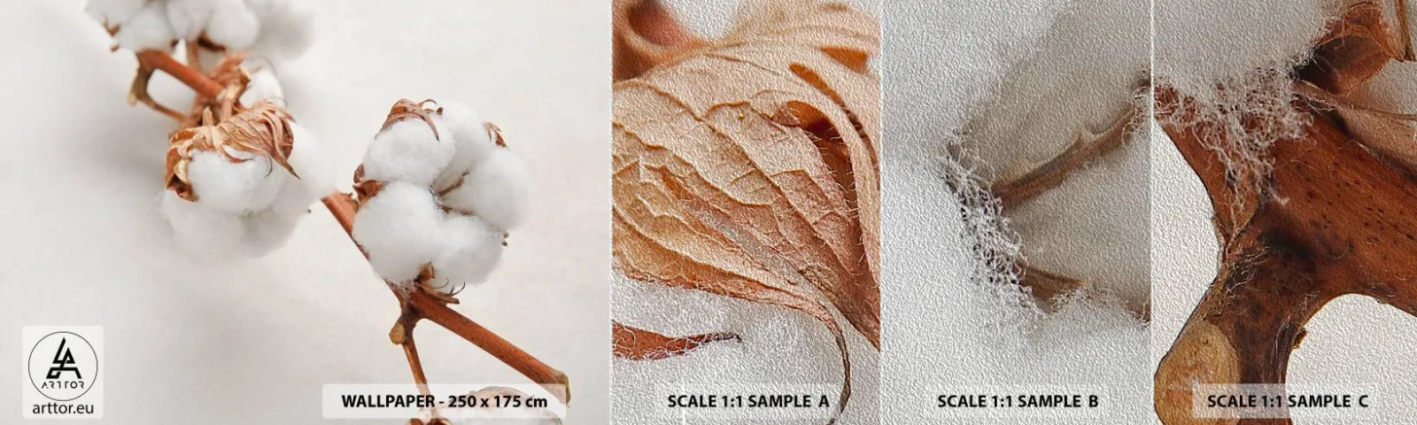 Échantillon de Papier Peint Premium Sand - Seulement caliner - Fleur de coton, Fleur, Brindille de coton - 100x30 cm