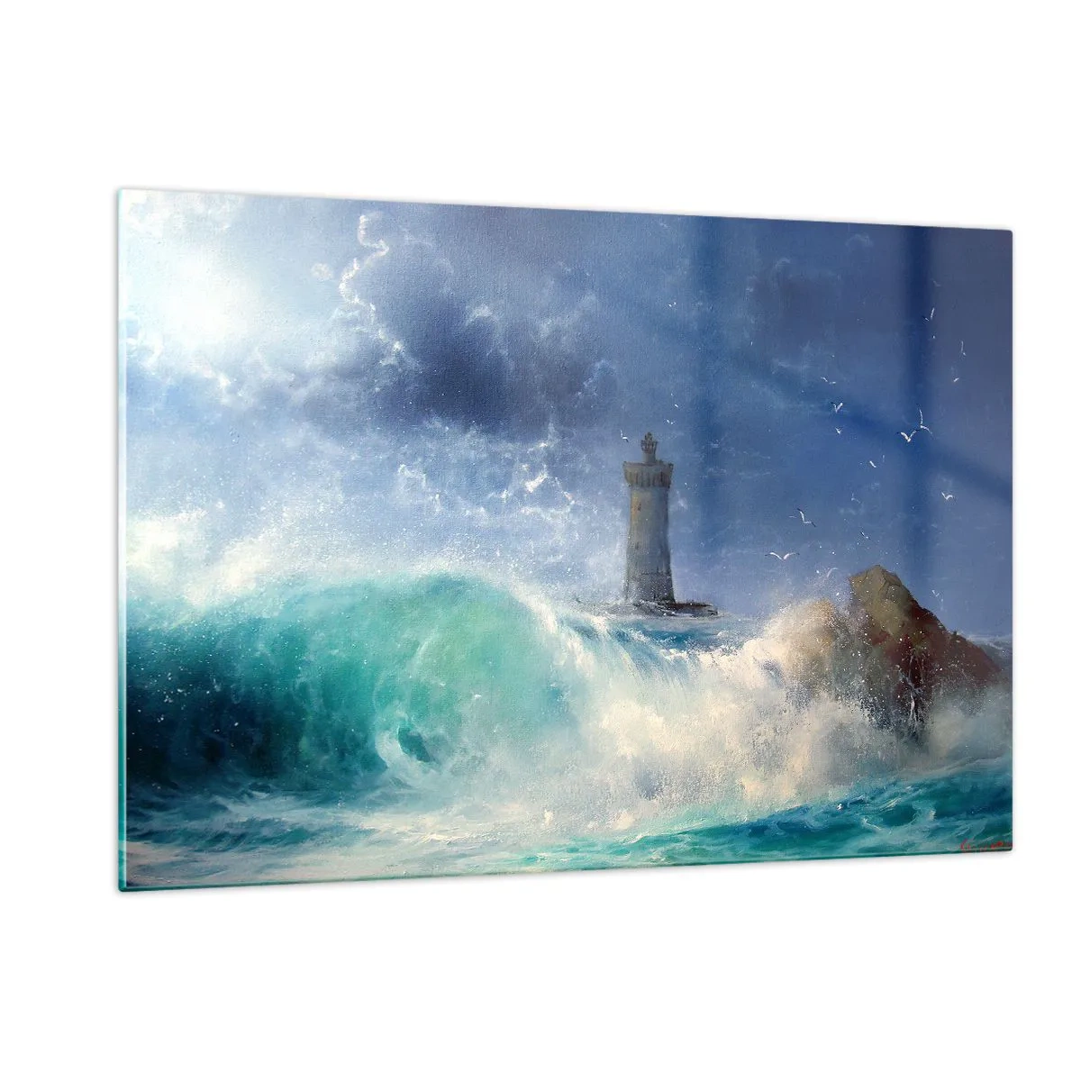 Impression sur verre - Image sur verre - Un phare parmi les vagues agitées de l'océan - 120x80cm - En garde contre les éléments - Décoration murale moderne pour le salon et la chambre ARTTOR