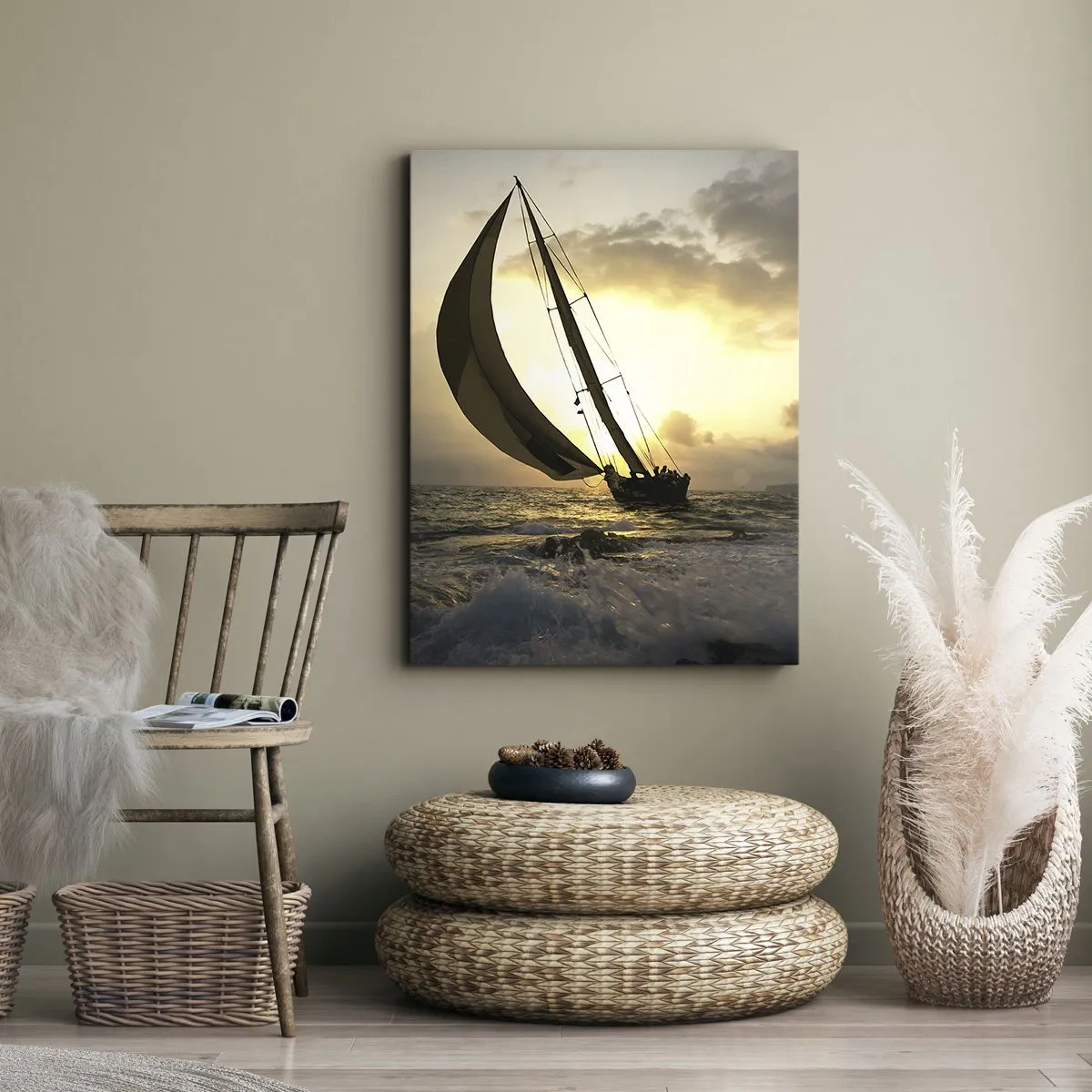 Impression sur toile - Image sur toile - Voiliers en mer au coucher du soleil - 70x100cm - Avec le vent et contre le vent - Décoration murale moderne pour le salon et la chambre ARTTOR